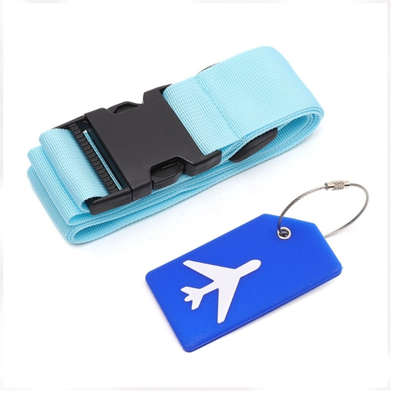 Sangle pour valise avec étiquette bagage bleu