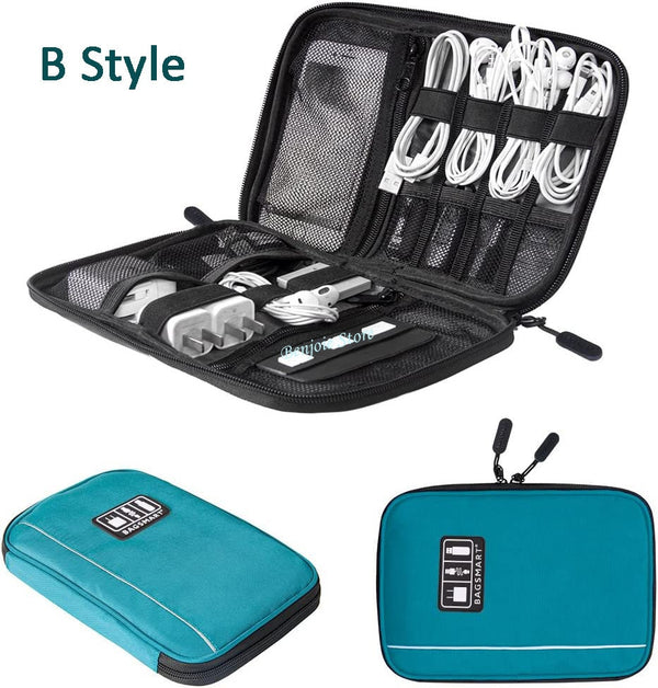 Sac de voyage pour cables USB ouvert bleu